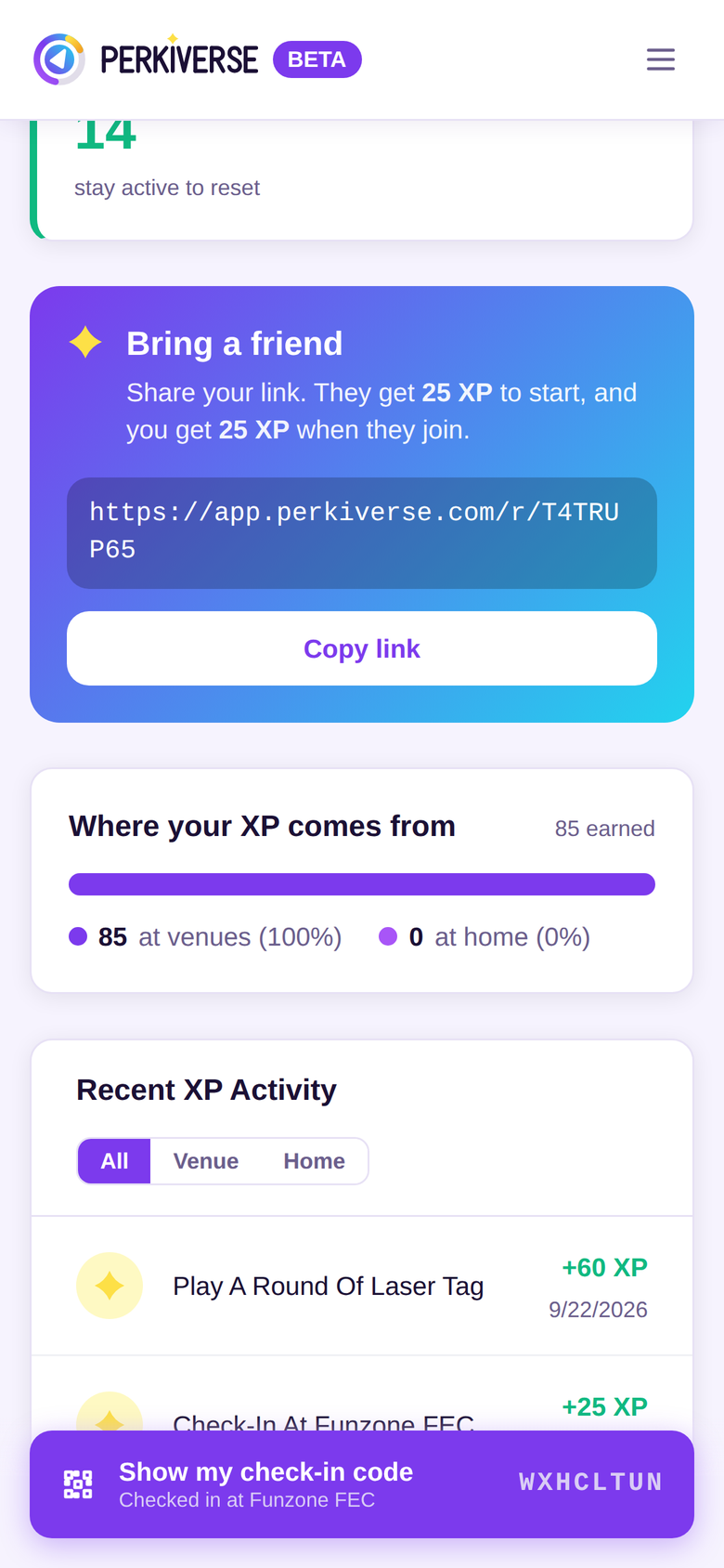 The Perkiverse activity view showing where a guest's XP came from and their recent earnings.