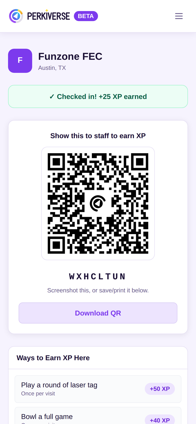 The Perkiverse check-in screen showing a QR code and the guest's current XP progress.