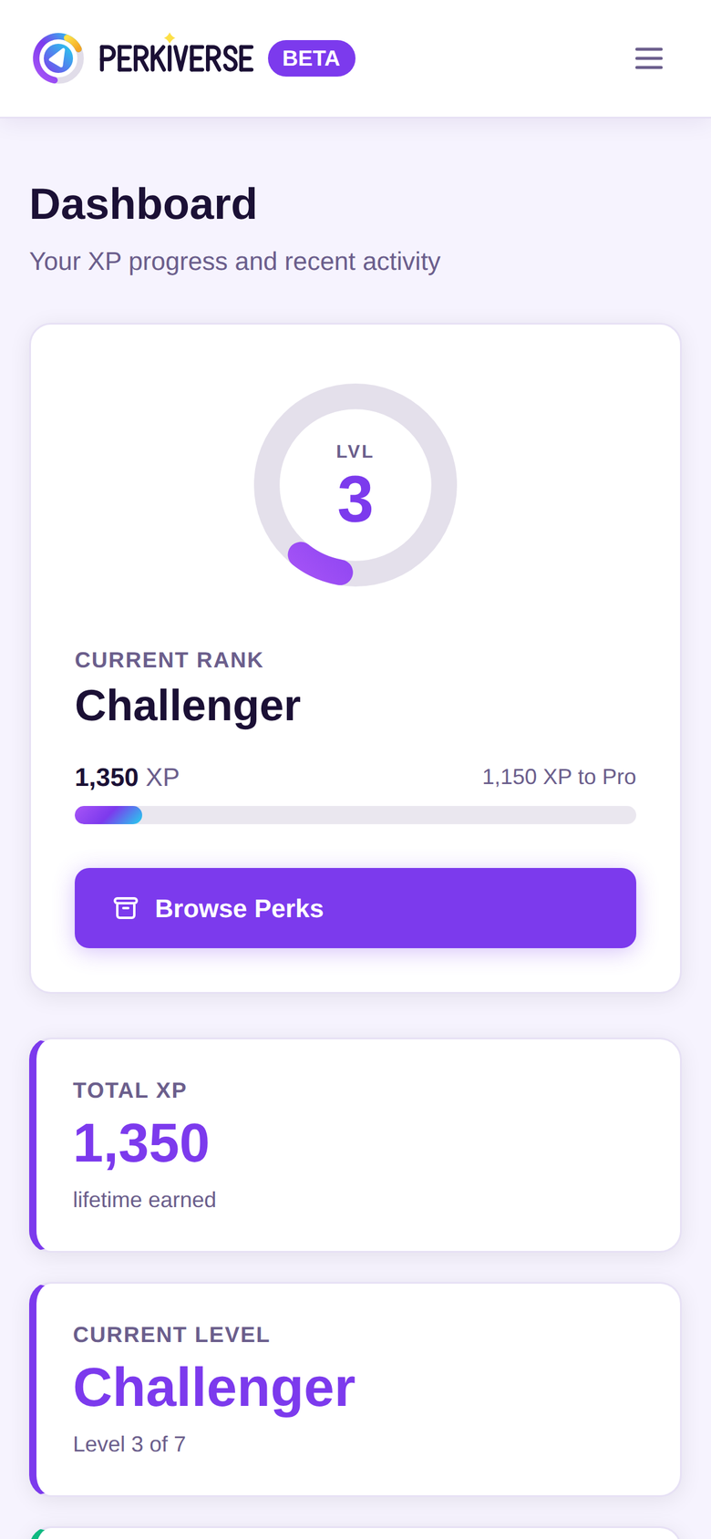 The Perkiverse app home screen.